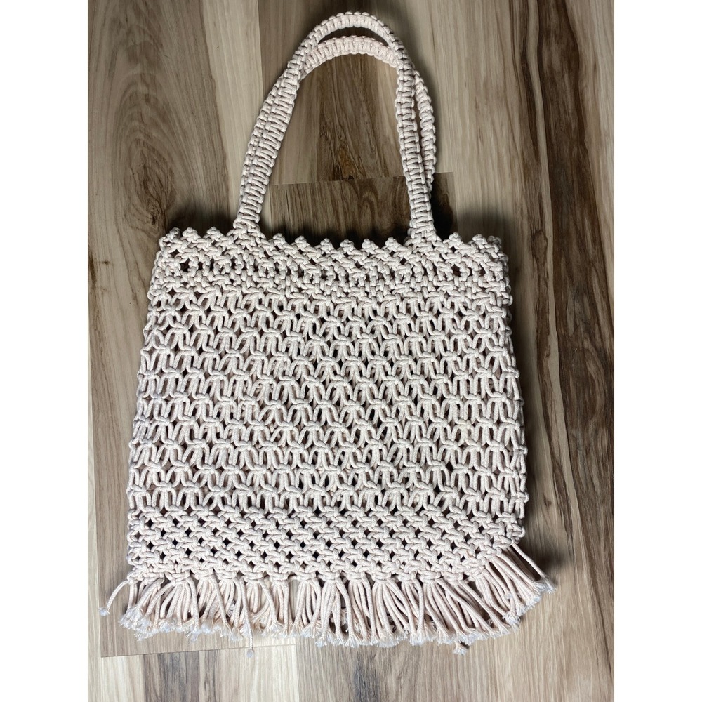 Macrame Boho Tote Bag Cream Cotton Woven‎ Fringe Shoulder Bag Summer